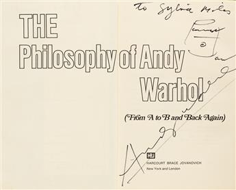 WARHOL, ANDY. The Philosophy of Andy Warhol. Signed ten times (AW or Andy Warhol), and Inscribed twice, to American actress Sylvia